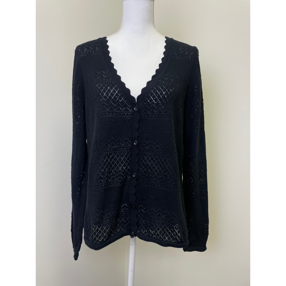 Frye Black Pointelle Knit Scalloped V-Neck Cotton Cardigan Sweater XL